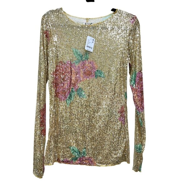 Free People Gold Rush Sequin Floral Medium Long Sleeve Top NWT - Picture 5 of 8
